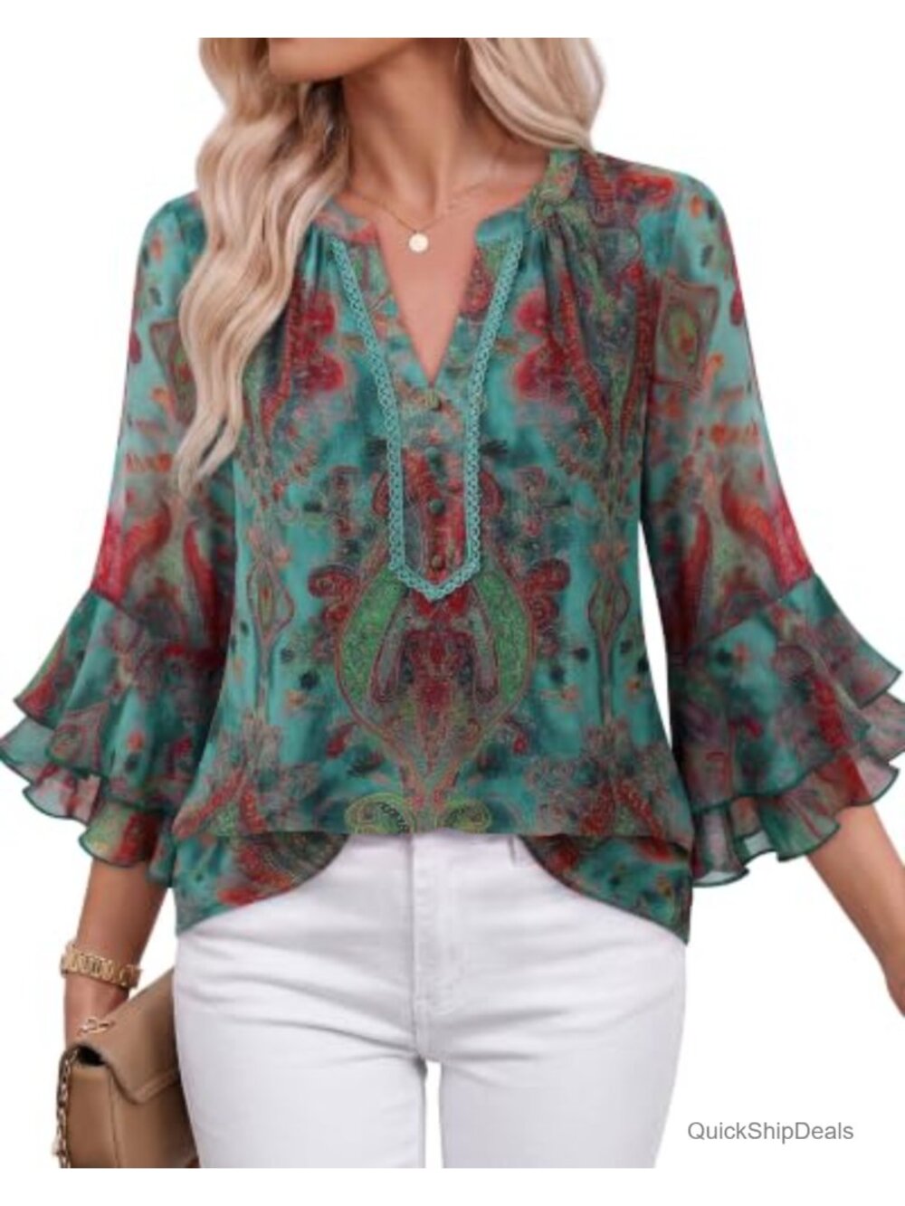 Womens Chiffon Blouse Embroidered V Neck Ruffle Sleeve Layered Work Top